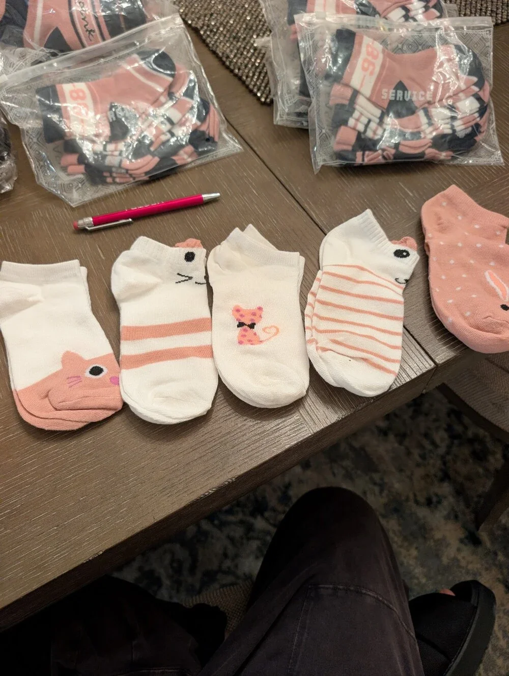 Girls 5-Pack Ankle Socks in Pink and White - Cute Animal Designs